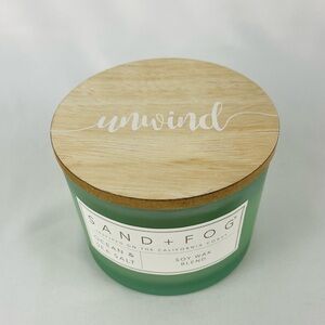 NWT Sand + Fog Ocean & Sea Salt Candle 2 Wick 12oz Blue Jar “Unwind” Wood Lid